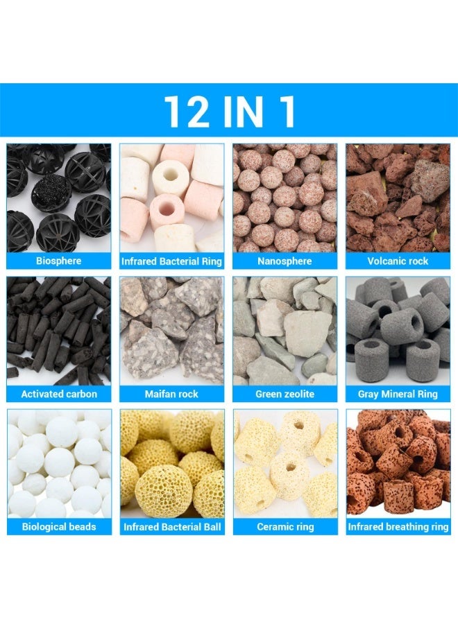 وسائط الترشيح، 12 في 1 وسائط بيولوجية لفلتر حوض سمك: حلقات سيراميك، كربون منشط، كرات بيو لوسائط الترشيح البيولوجي للمياه العذبة والمالحة، مناسبة لحوض أسماك الكوي وبرك ومرشحات العلبة (500g مع كيس شبكي) من مستلزمات احواض السمك - Image 2